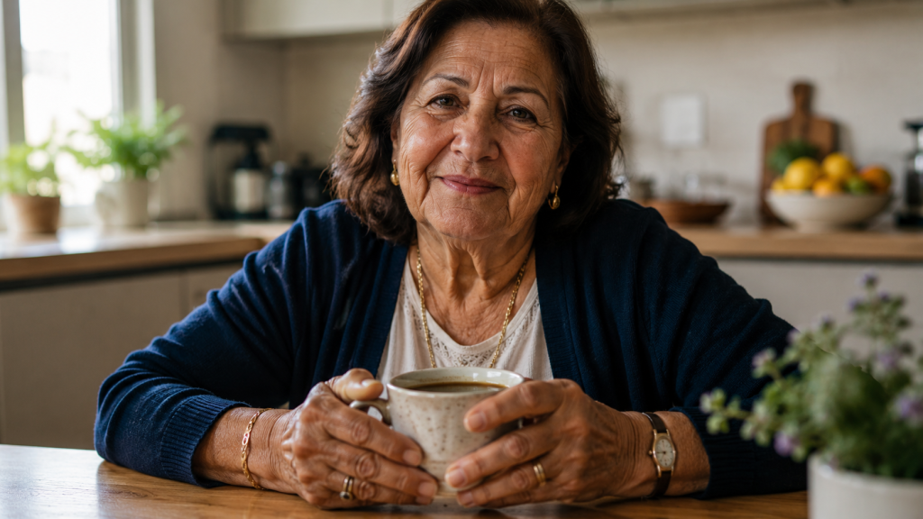 Mãos de mulher idosa segurando uma xícara com calma, ilustrando a diferença entre Parkinson e tremor essencial no gesto do dia a dia.