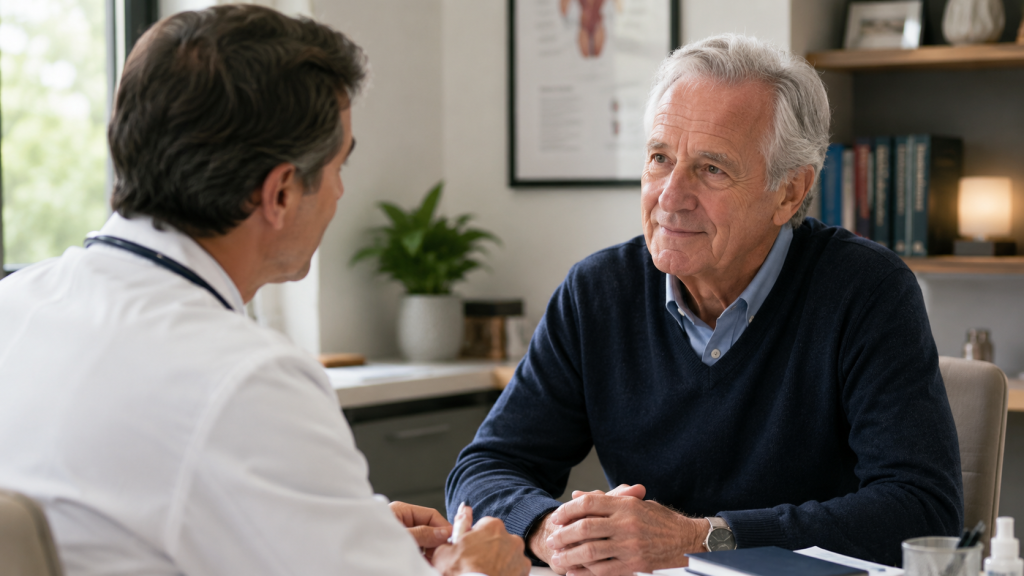 Pessoa com Parkinson em conversa acolhedora durante consulta sobre quando a DBS no Parkinson é indicada.