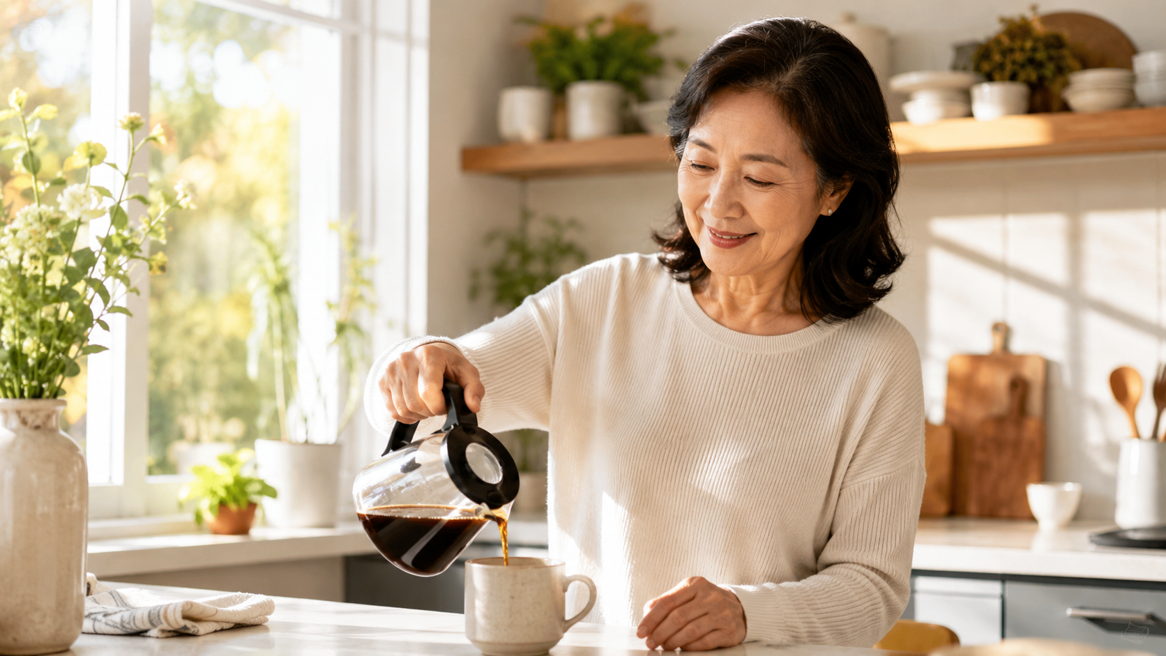 Pessoa idosa com vida ativa preparando café em casa, ilustrando qualidade de vida no Parkinson.