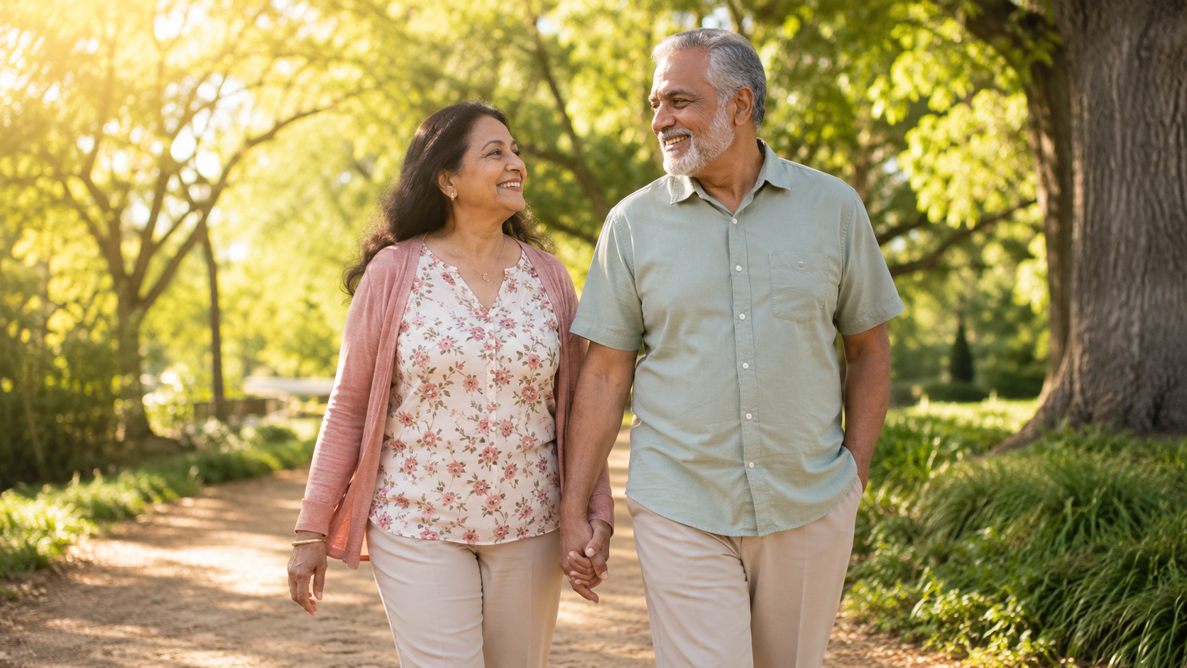 Casal idoso brasileiro caminhando ao ar livre, mostrando que é possível viver bem com Parkinson hoje.