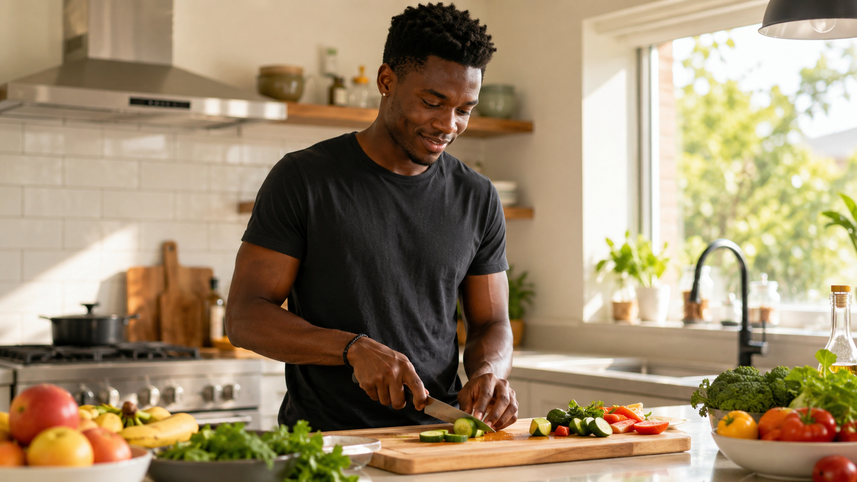 Homem preparando alimentos frescos na cozinha, representando o cuidado com a alimentação e o intestino na malformação de Chiari.