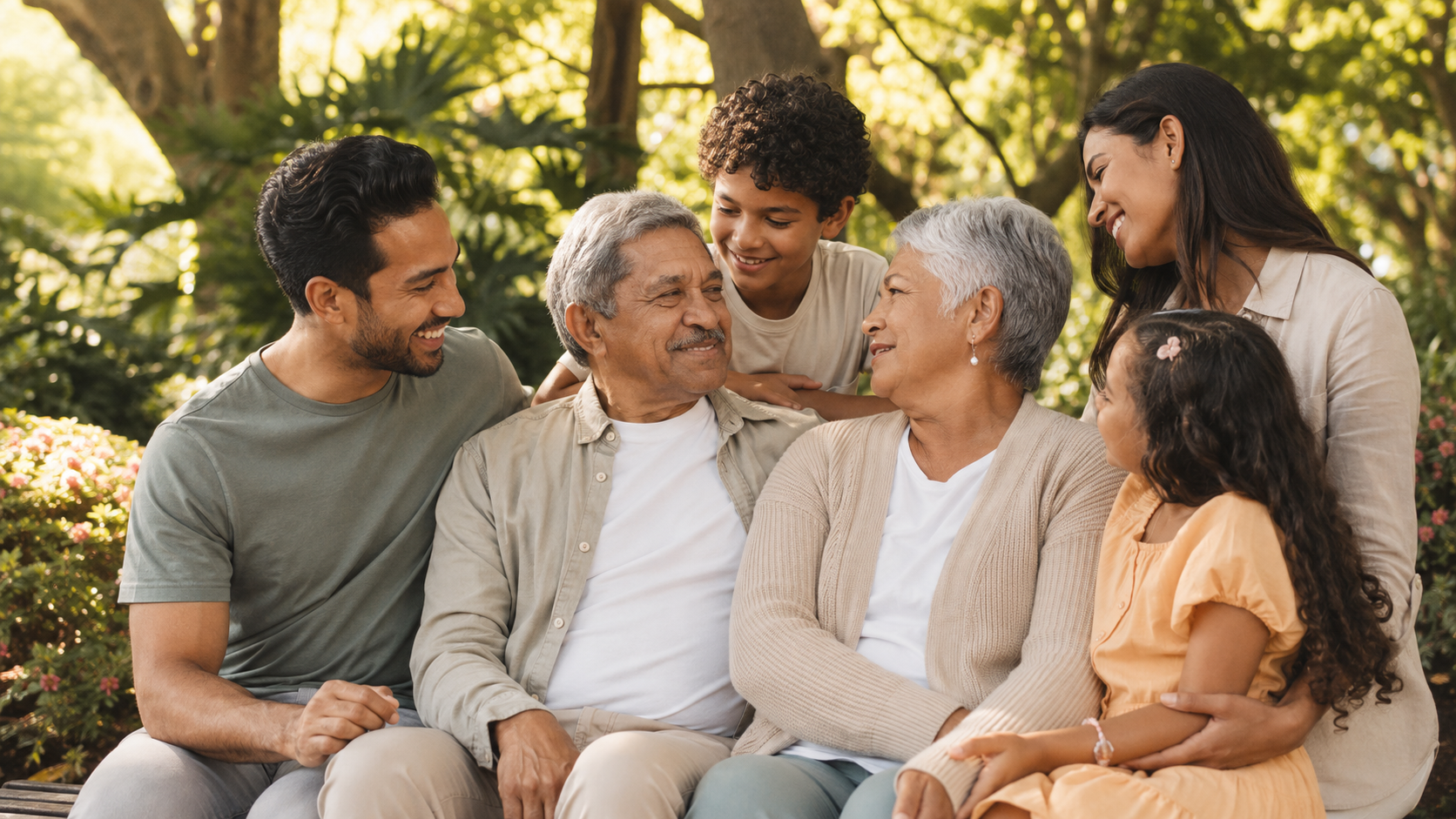 Família reunida em um parque ensolarado durante a recuperação após cirurgia de tumor cerebral.