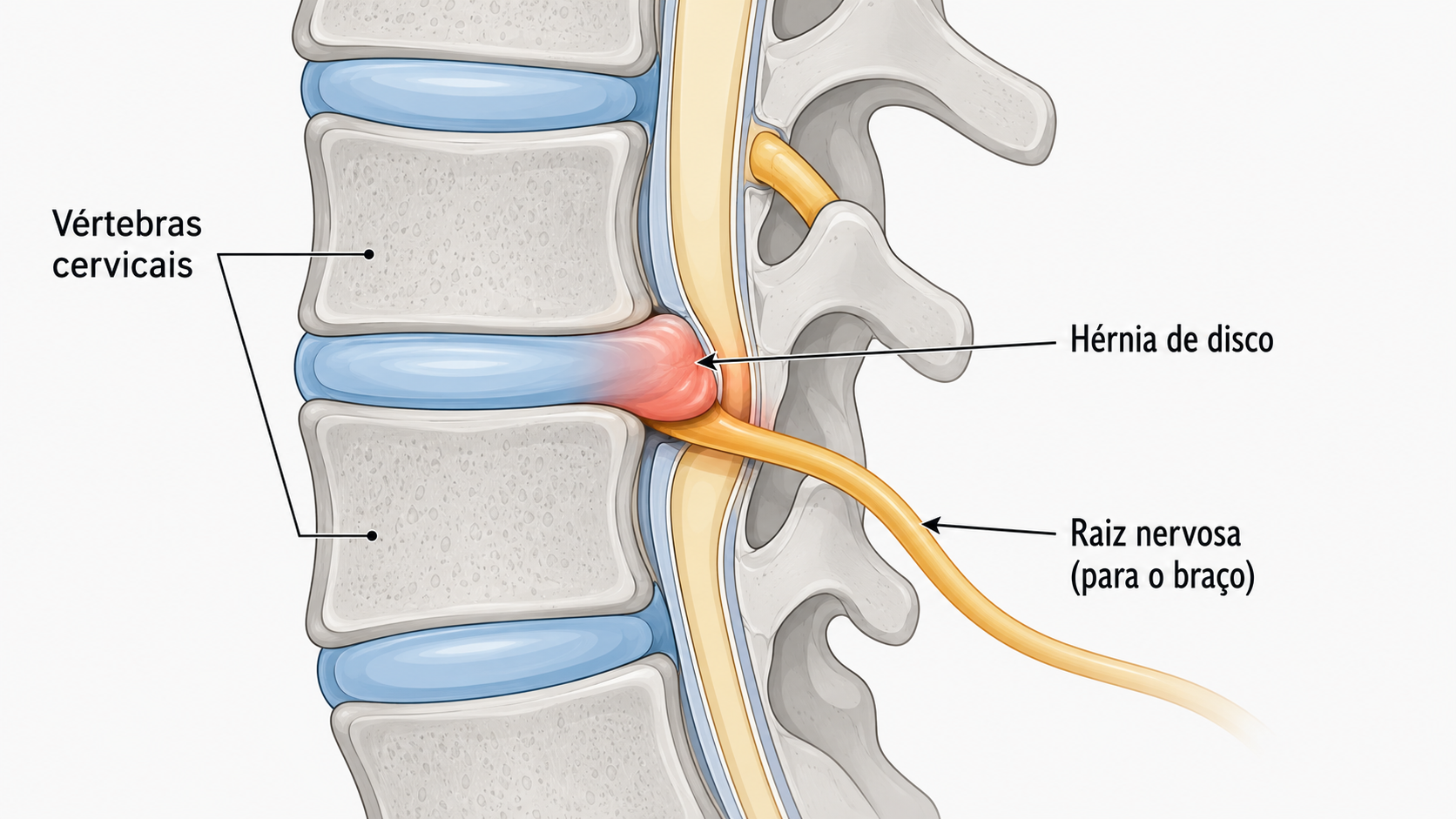 Ilustração de hérnia de disco cervical comprimindo uma raiz nervosa que vai para o braço.