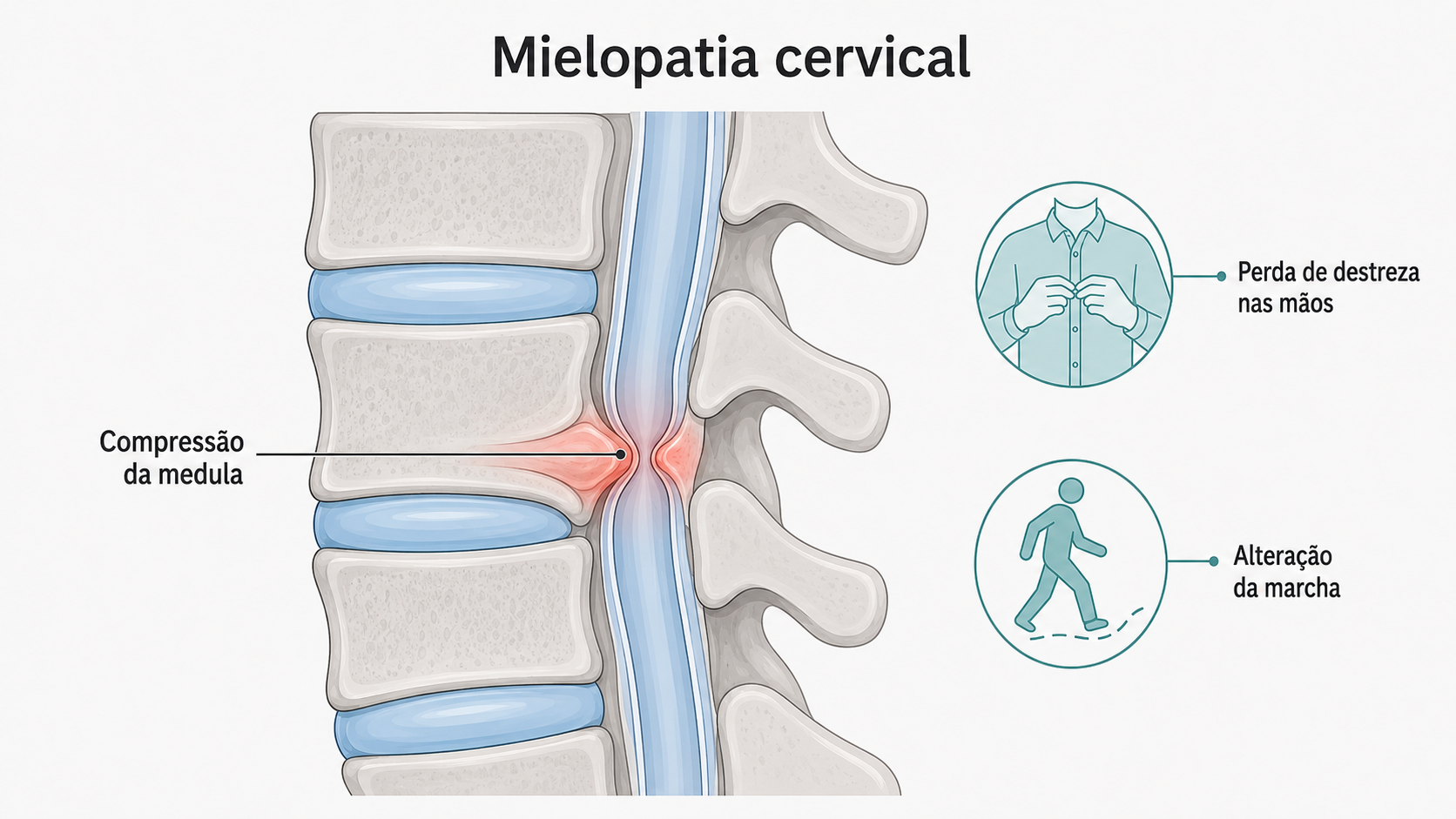 Ilustração de mielopatia cervical: compressão da medula com sinais de alerta.