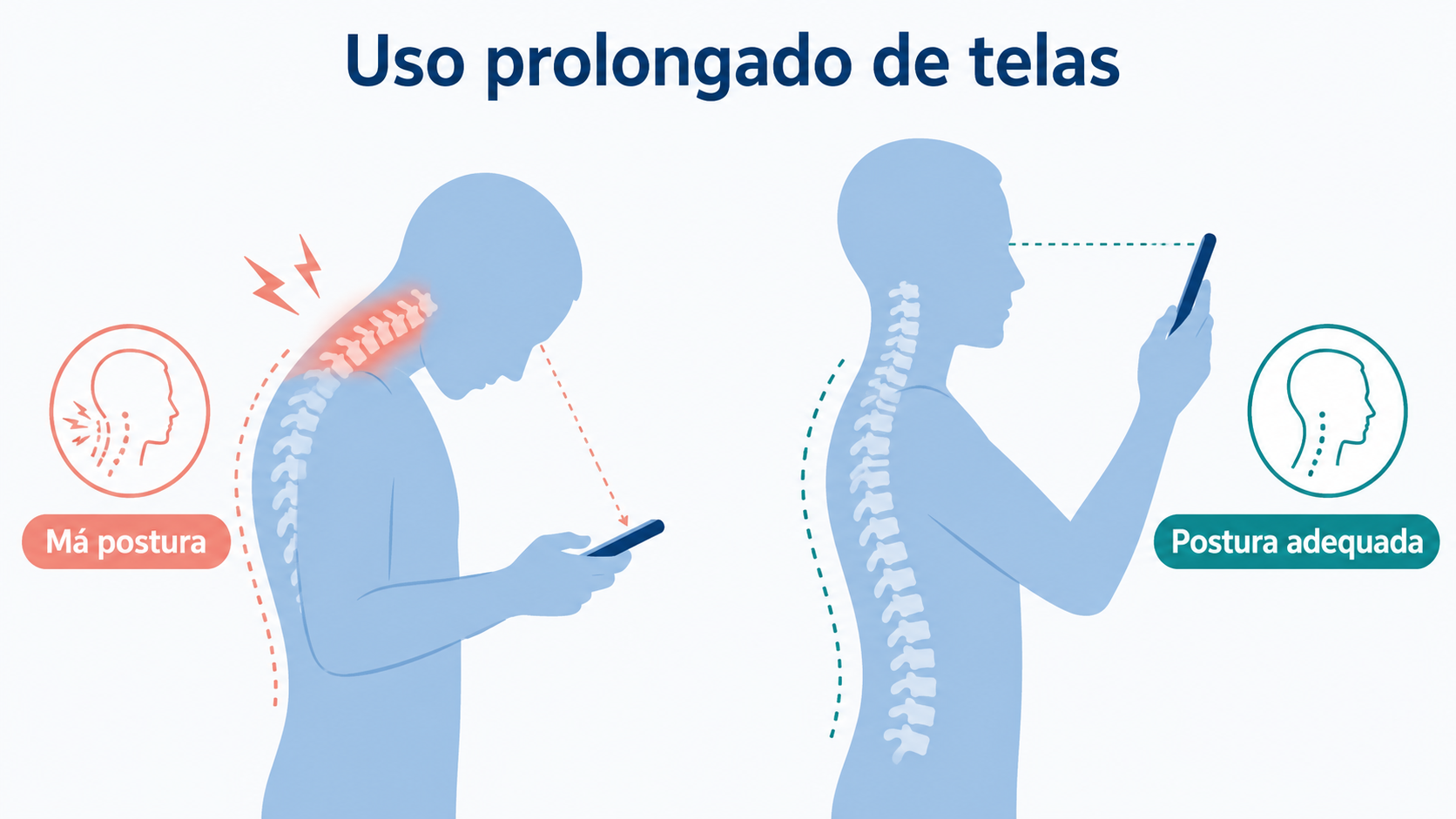 Ilustração comparando má postura ao usar o celular e postura adequada.