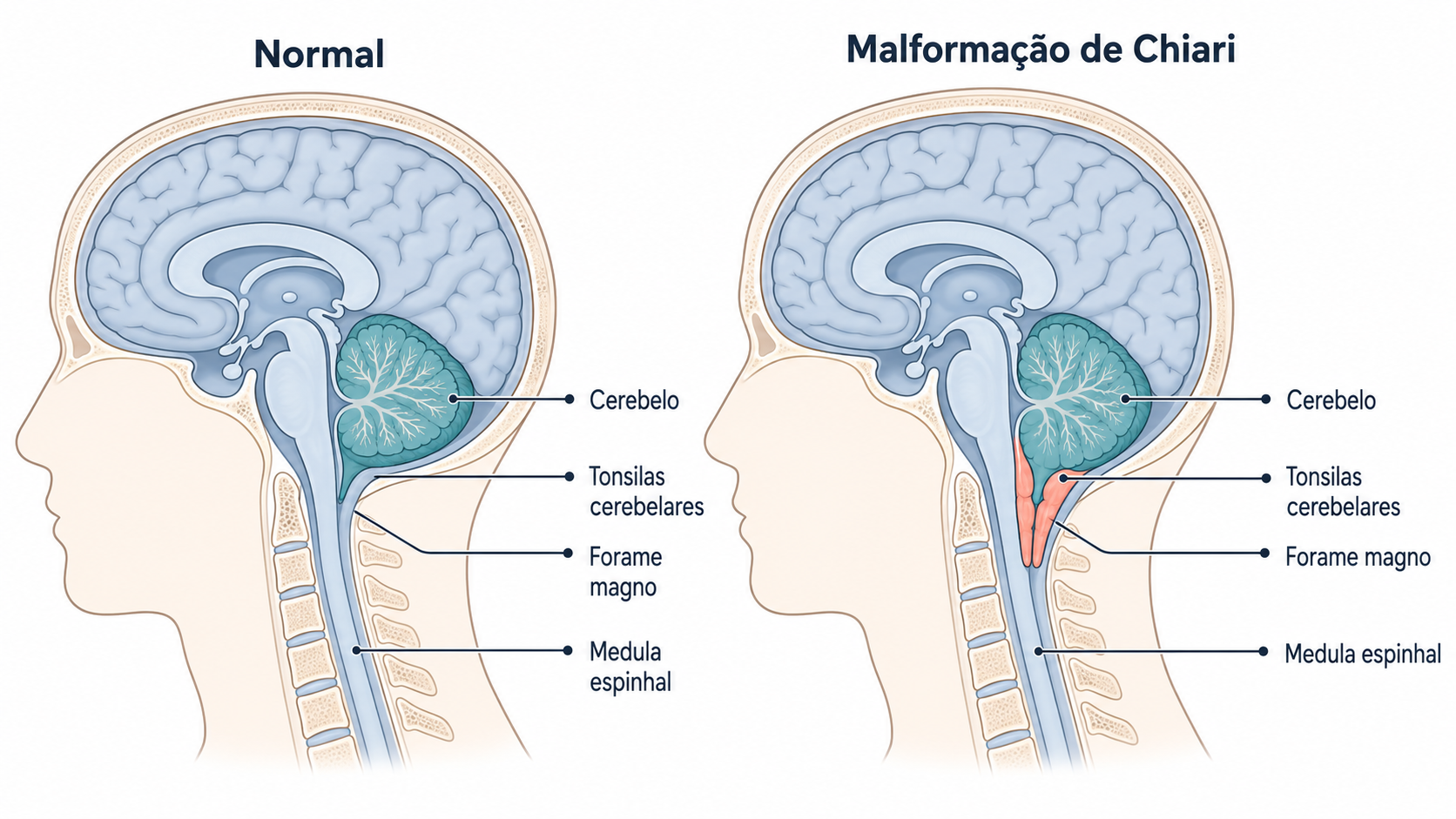 Ilustração comparando a anatomia normal e a malformação de Chiari, com as tonsilas cerebelares descendo pelo forame magno.