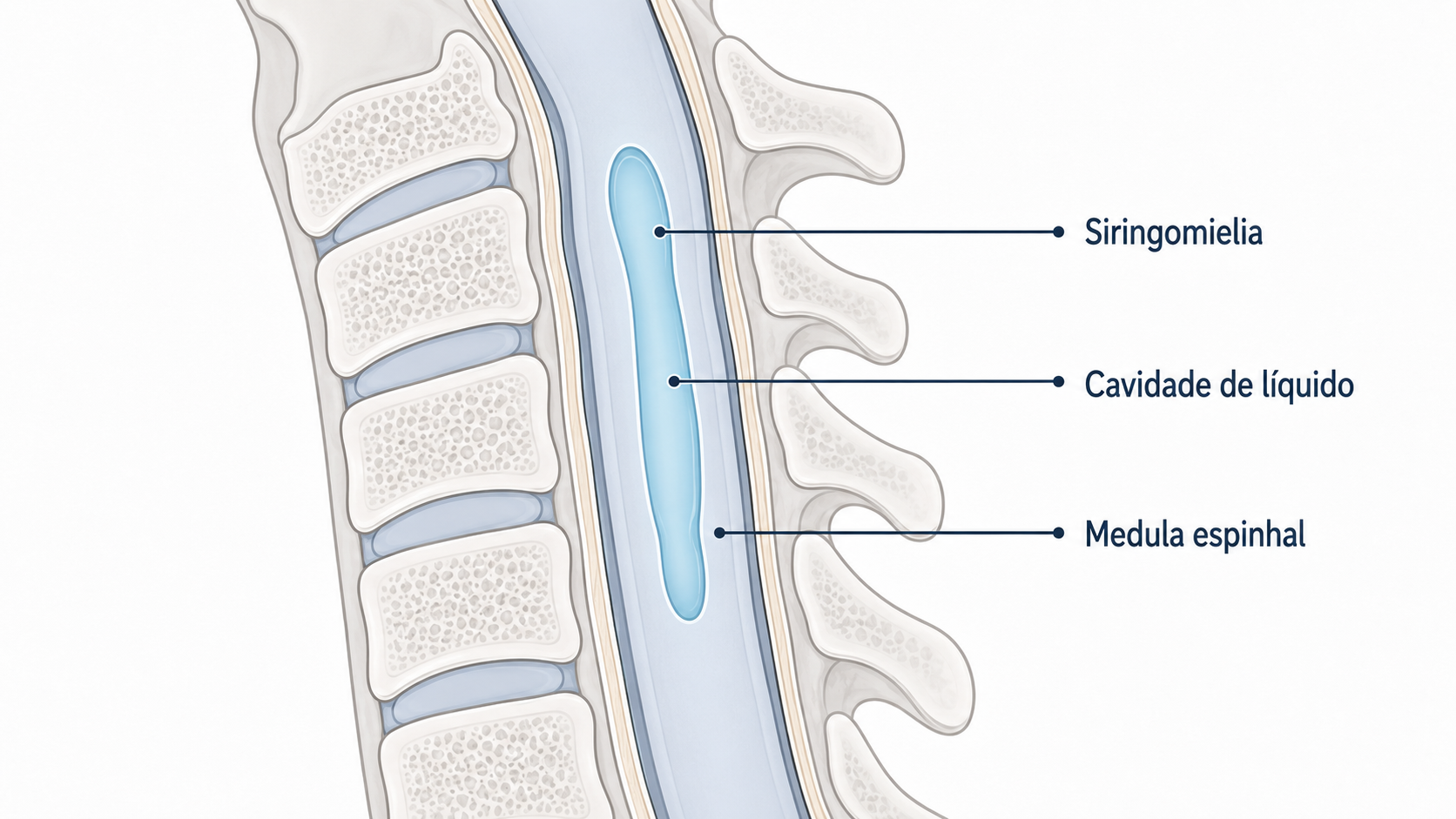 Ilustração de siringomielia: cavidade de líquido dentro da medula espinhal na região cervical.