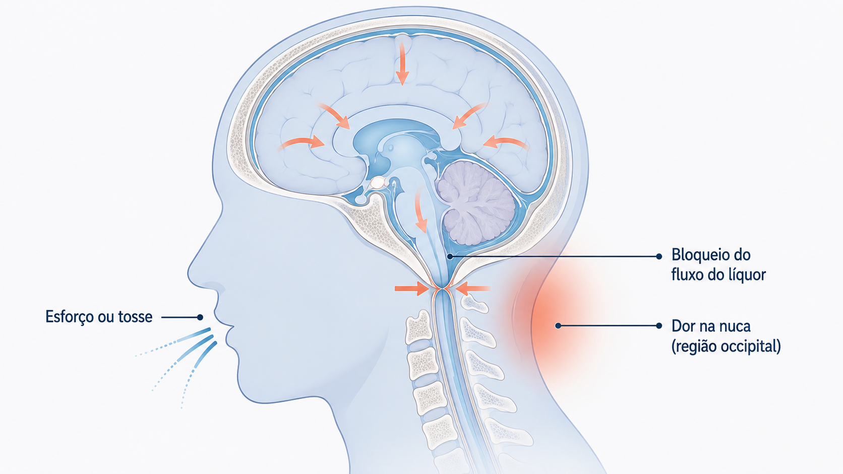 Ilustração do mecanismo dos sintomas da Chiari: esforço e tosse aumentam a pressão e causam dor na região occipital.