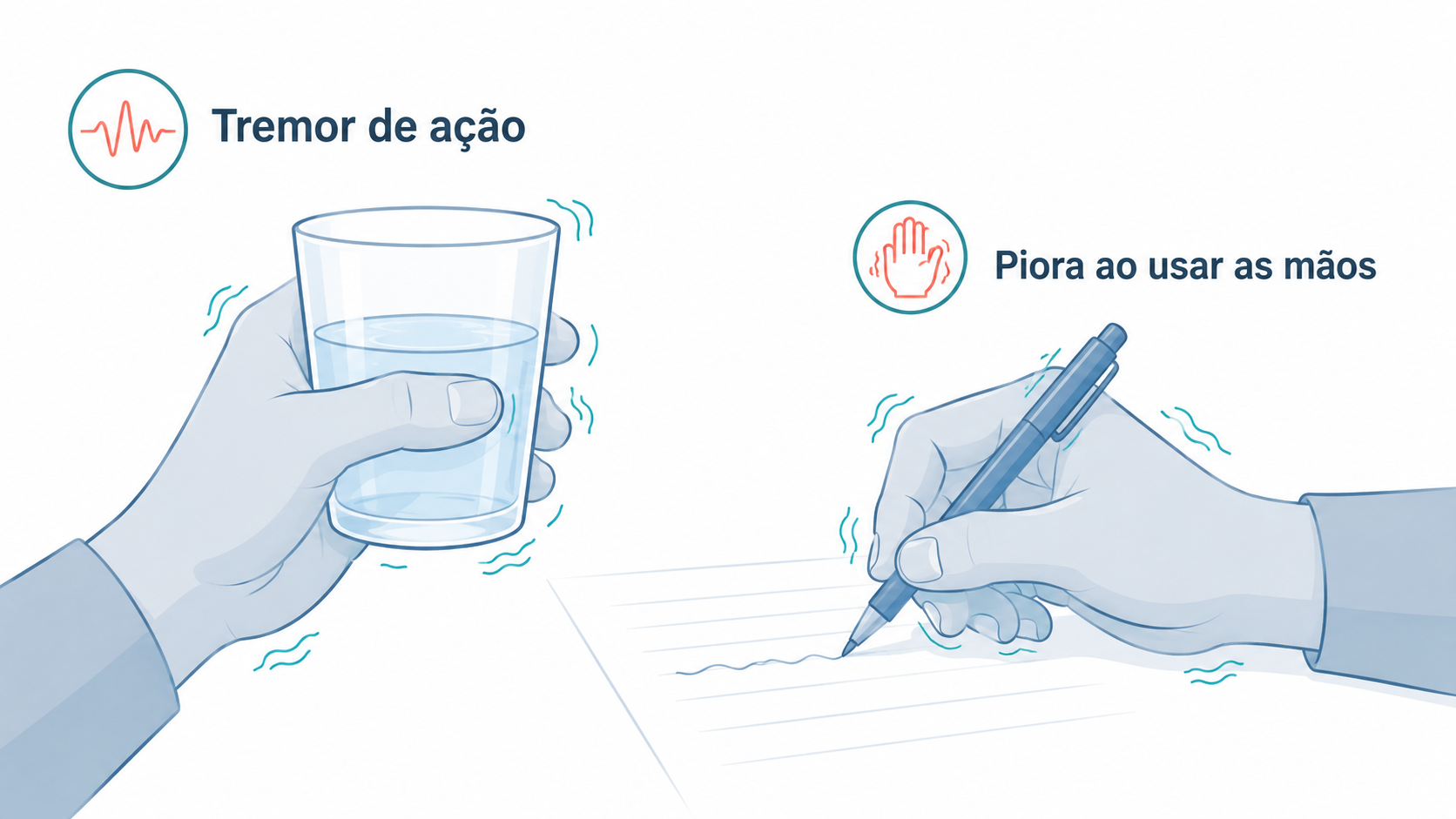 Ilustração de tremor de ação nas mãos, característico do tremor essencial.