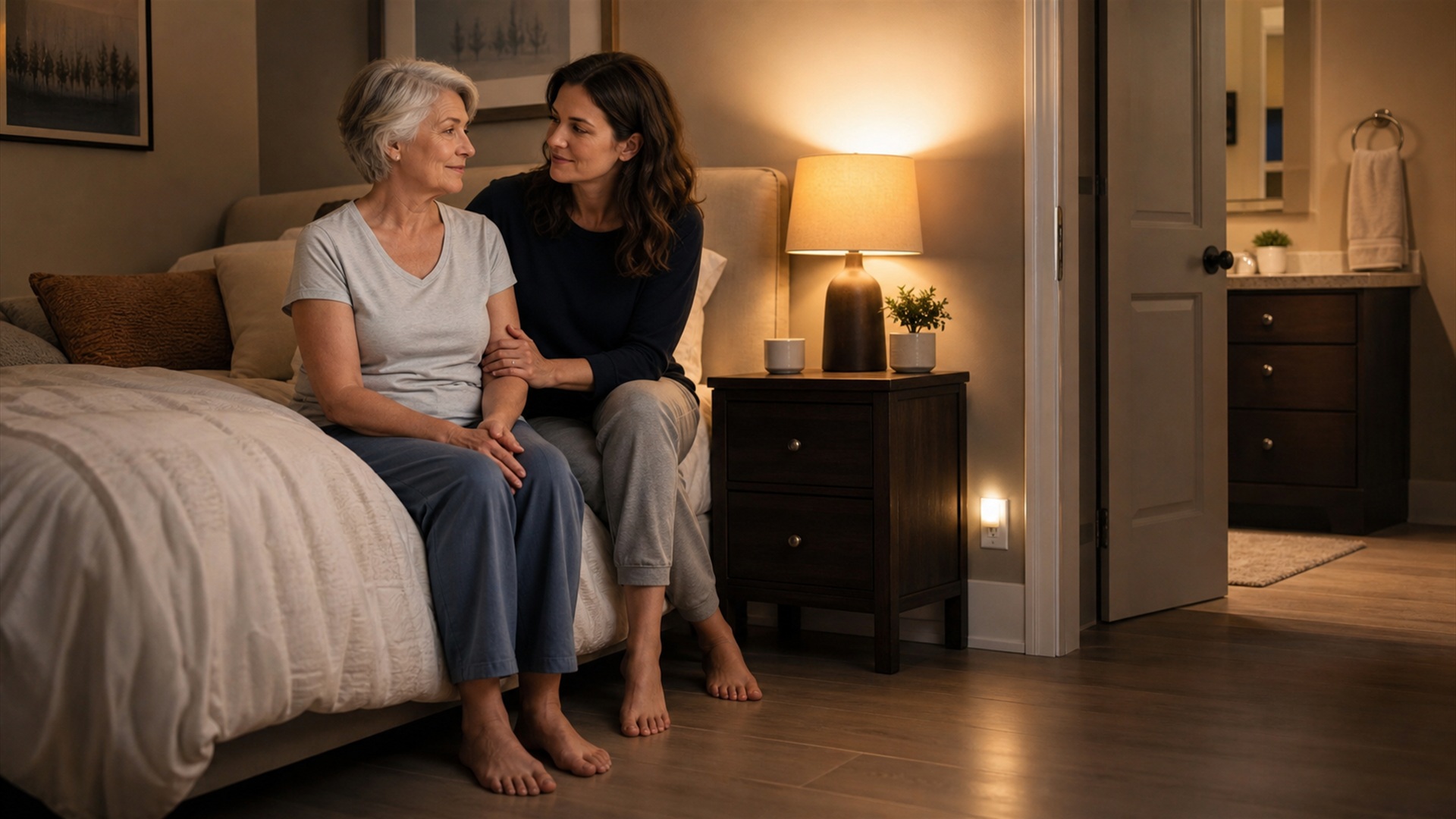 Mulher sentada na beirada da cama antes de se levantar, seguindo a orientação de duas etapas para prevenção de quedas no Parkinson.