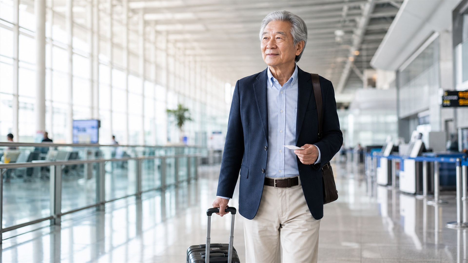 Homem viajando tranquilo com cartão de identificação do dispositivo, cuidado prático para quem vive com o DBS.