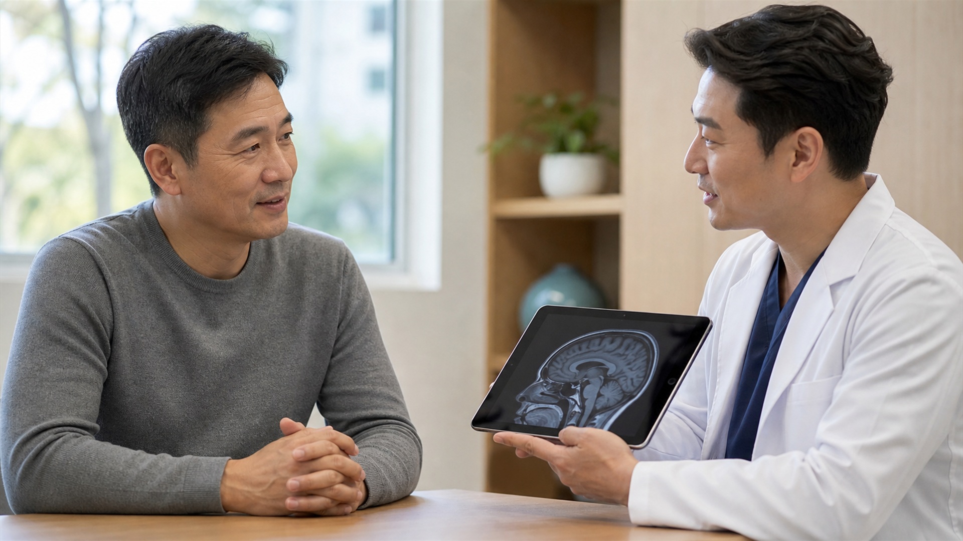 Paciente conversa com médico sobre exame de imagem para avaliar sintomas de Chiari