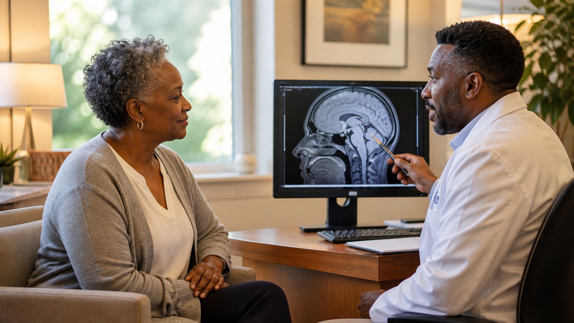 Médico explica exame de acompanhamento de meningioma para paciente