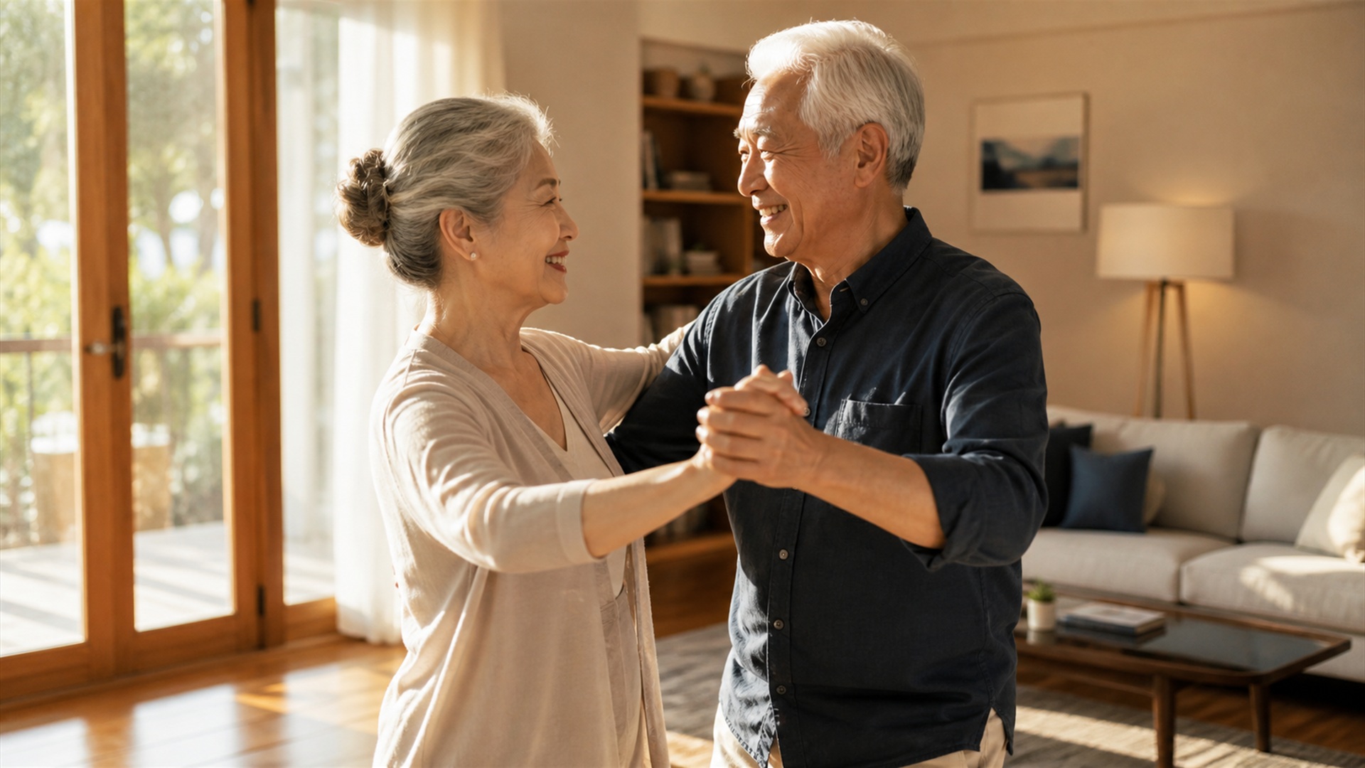Casal de idosos dançando na sala de casa, ilustrando a dança como exercício físico que ajuda no tratamento do Parkinson.