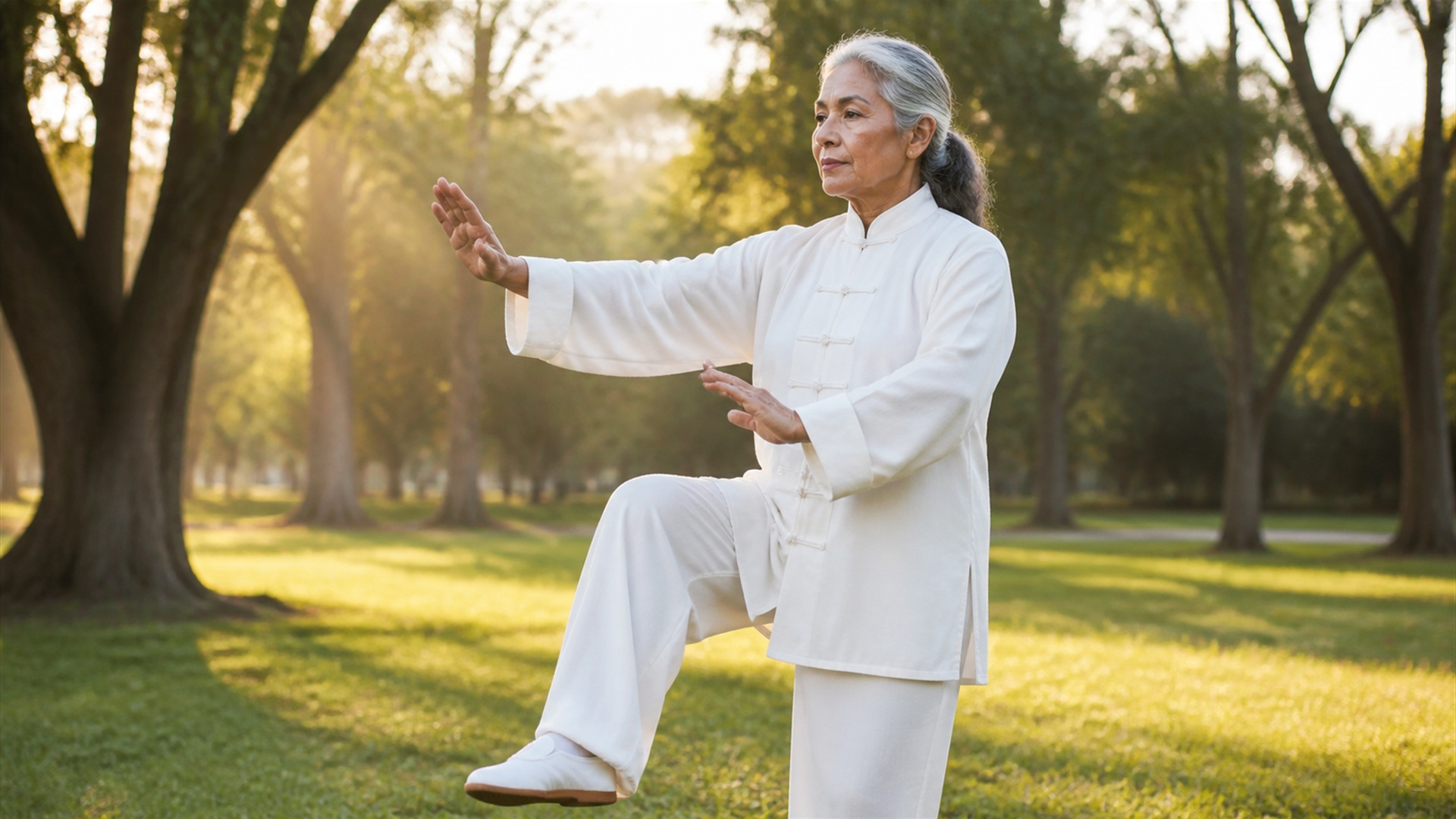 Mulher idosa praticando tai chi ao ar livre, atividade recomendada para melhorar o equilíbrio no exercício físico para Parkinson.